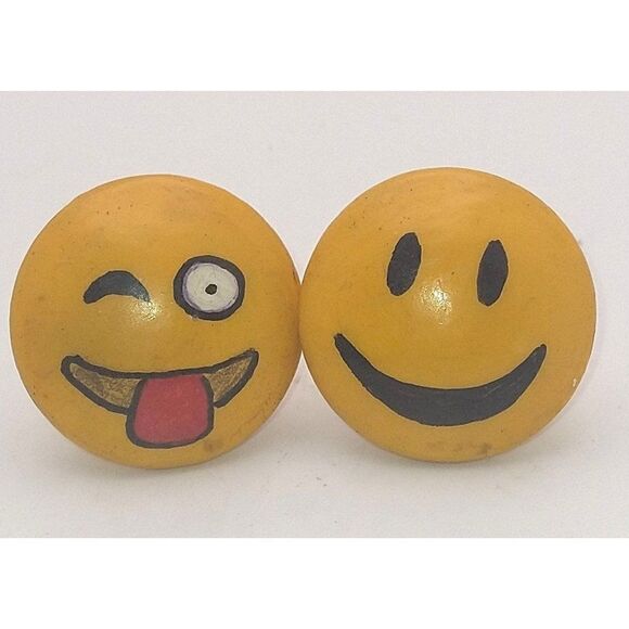 Emoji Drawer Pulls Hand Painted Wood Set of 2 - Picture 1 of 3